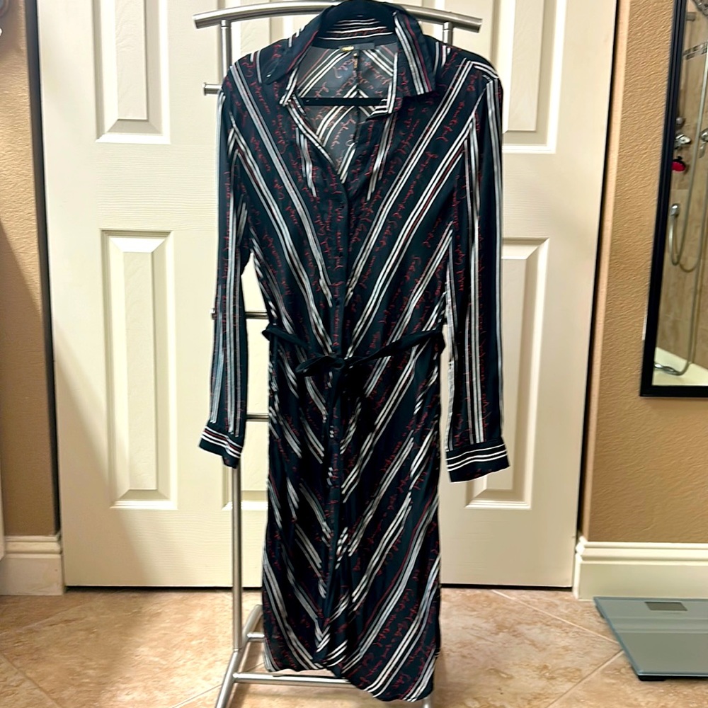 Maje shirt dress with belt, midi, size 3. Black&white strip, red letters print